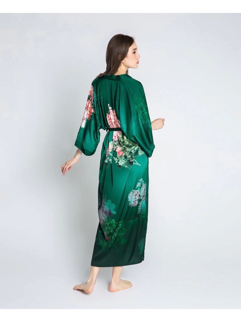 Floral Satin Long Kimono Robe in Emerald Green with Chrysanthemum Detailing - Picture 3 of 10